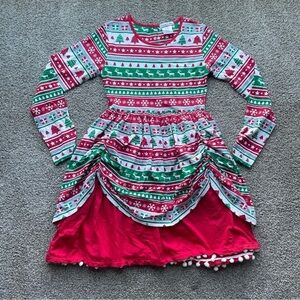 Chasing Fireflies Holiday Christmas Dress Girls Large Red/ Green Cotton Pompoms